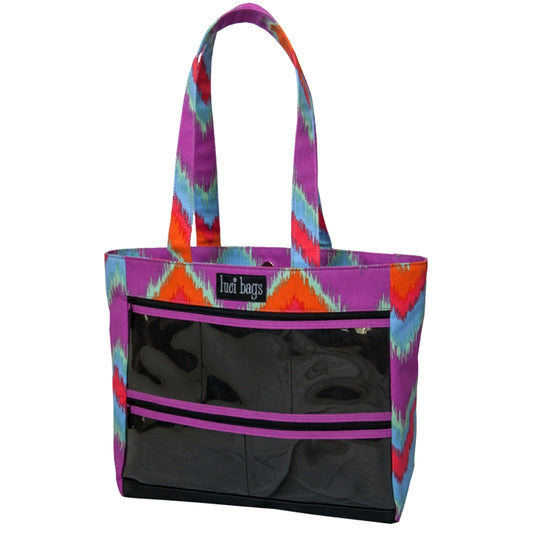 A purple, orange and blue ikat tote with a clear front window display area.
