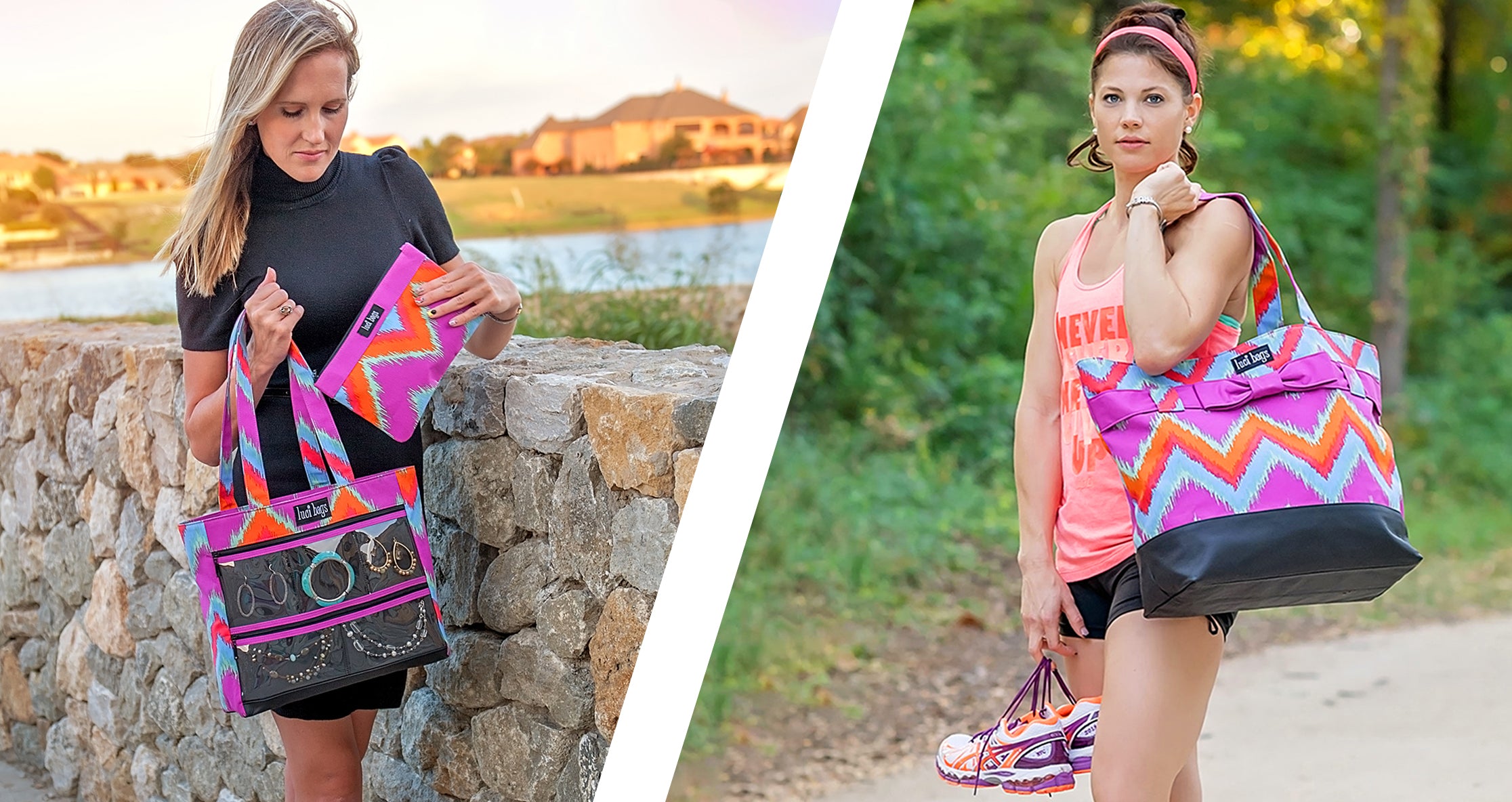 Two images of women holding totes. One displaying her jewelry, one heading to workout.