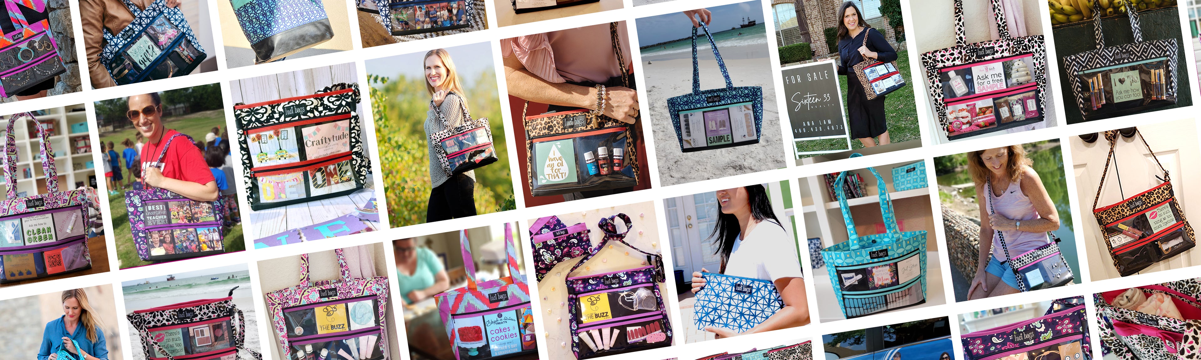 Photo album showing various sizes and styles of Luci Bags filled with photos and goods.