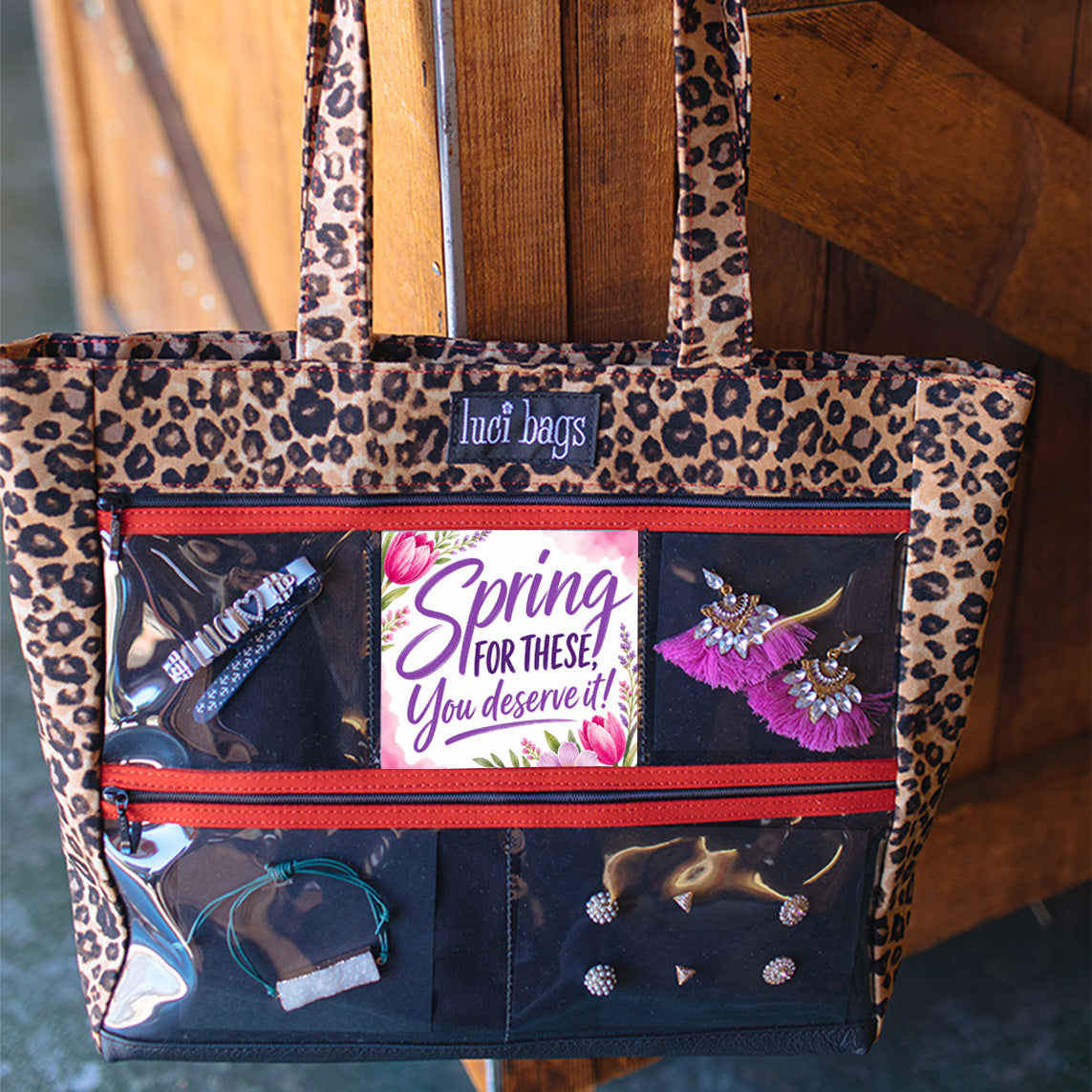 Leopard print tote bag advertising jewlelry