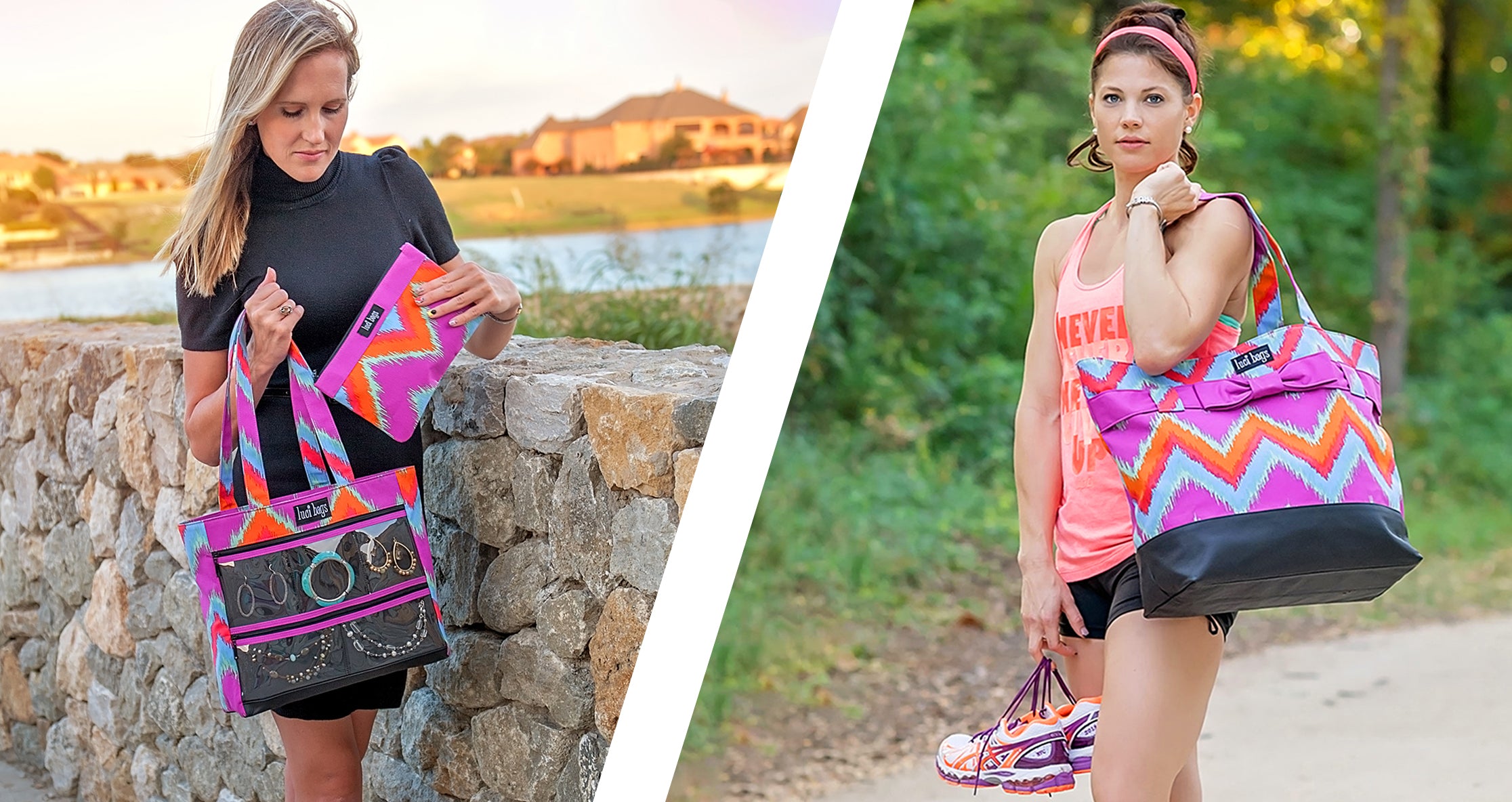 Two images of women holding totes.  One displaying her jewelry, one heading to workout.