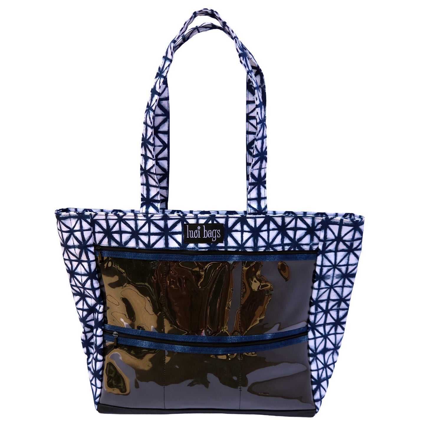 Shibori Large Display Tote with 6 clear display pockets on a white background