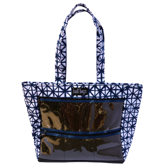 Shibori Large Display Tote with 6 clear display pockets on a white background
